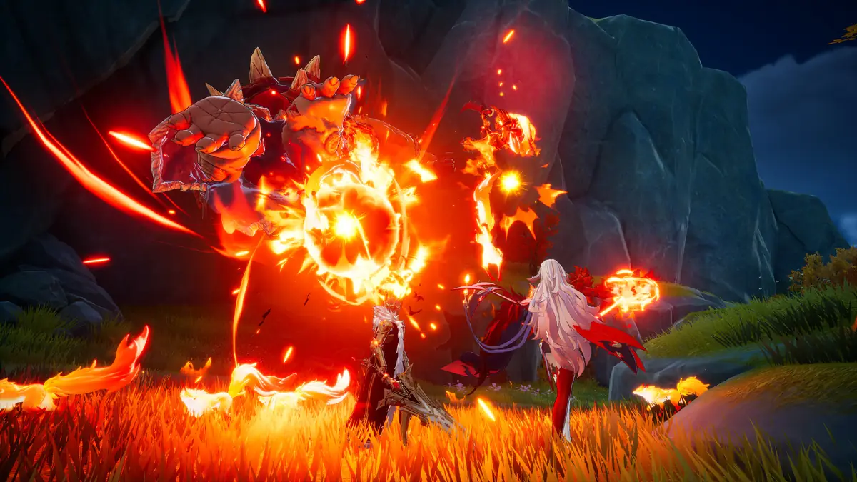 A ring of fire burning across a grassy field around a hero mid-attack, with orange embers filling the screen