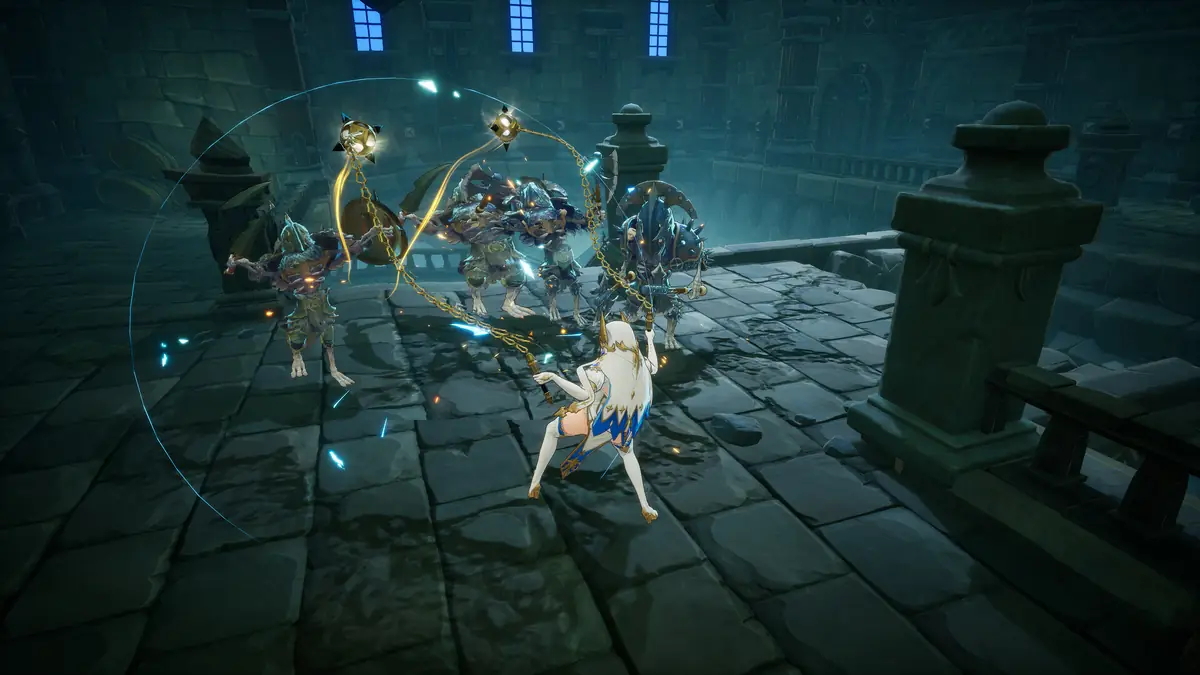 A party fighting inside a dark stone temple ringed by a glowing circular effect