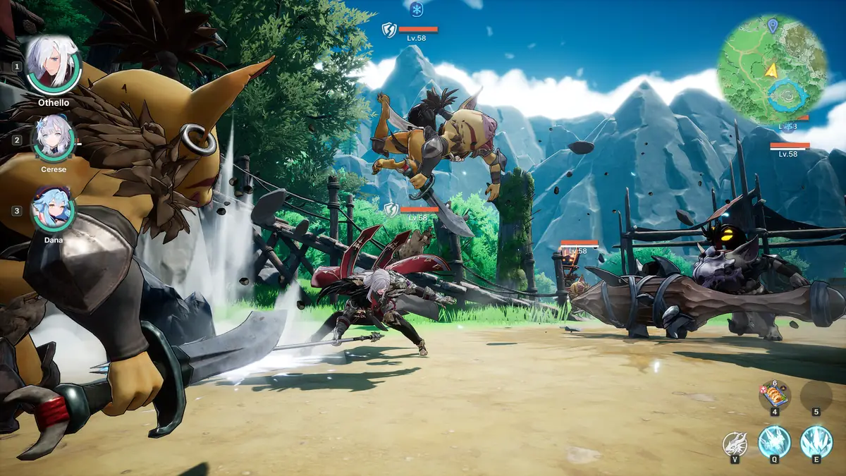 A large winged familiar in the foreground of a dry open plain while heroes fight in the distance