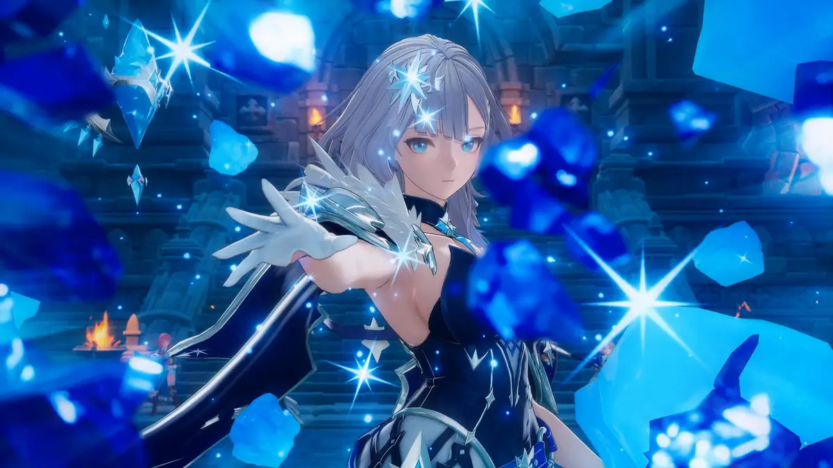 A close-up skill cutscene of a silver-haired hero surrounded by floating blue crystals and feathered light effects