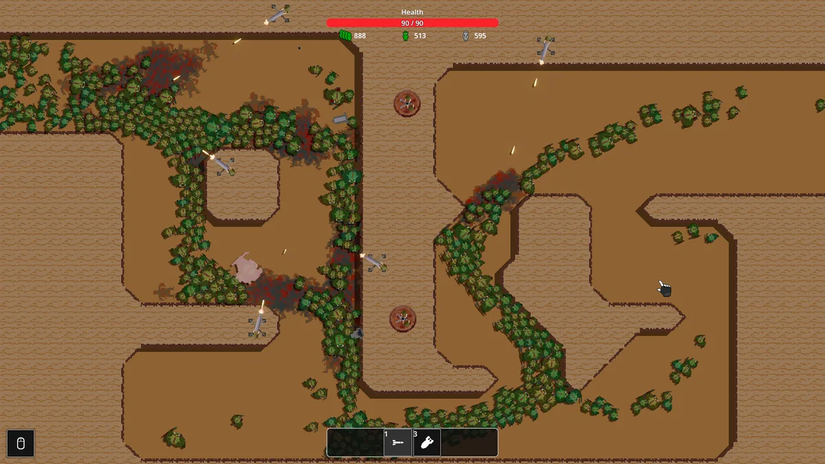 A mid-battle view in Sir, We Have an Orc Problem with orcs threading along maze-like dirt paths, missiles in flight, and counters showing 888 orcs remaining and 595 skeletons