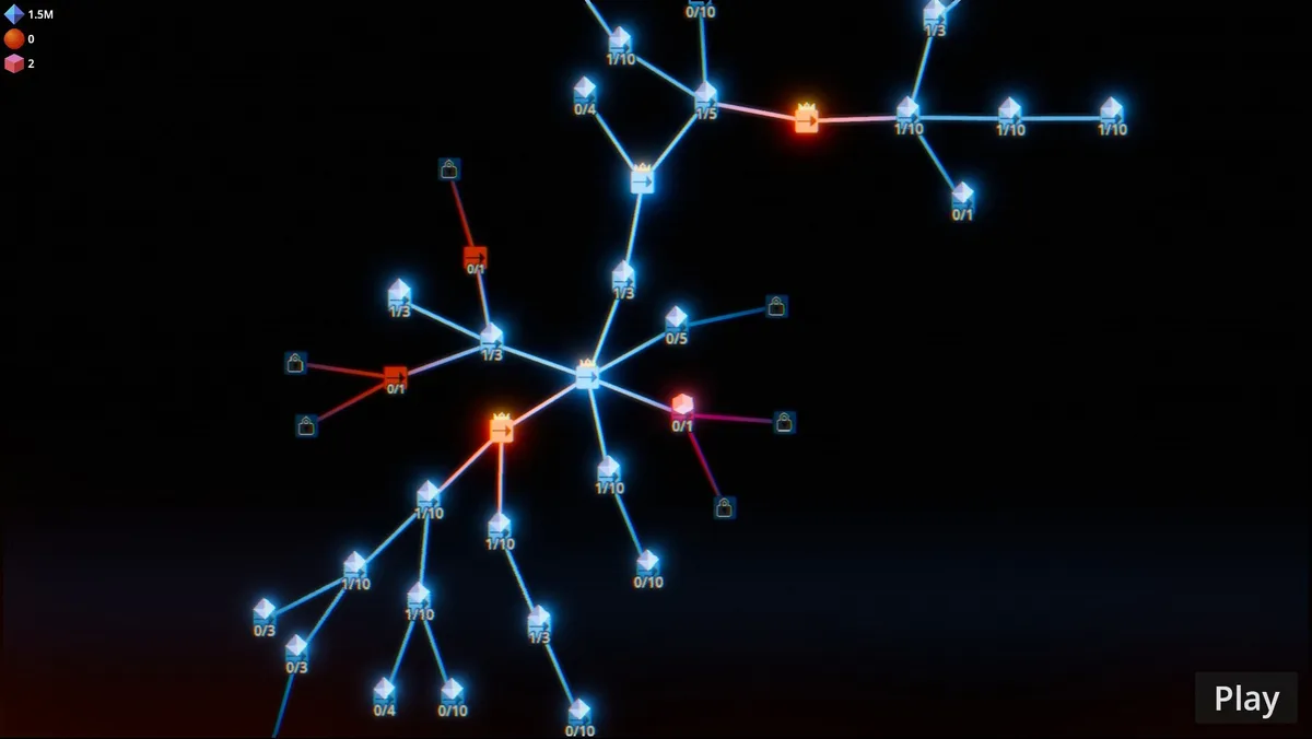 The full upgrade tree of Sir, We Have an Orc Problem zoomed out: dozens of glowing nodes with tier counters like 1/10 and 0/3 connected in branching constellations, with 1.5M resources banked