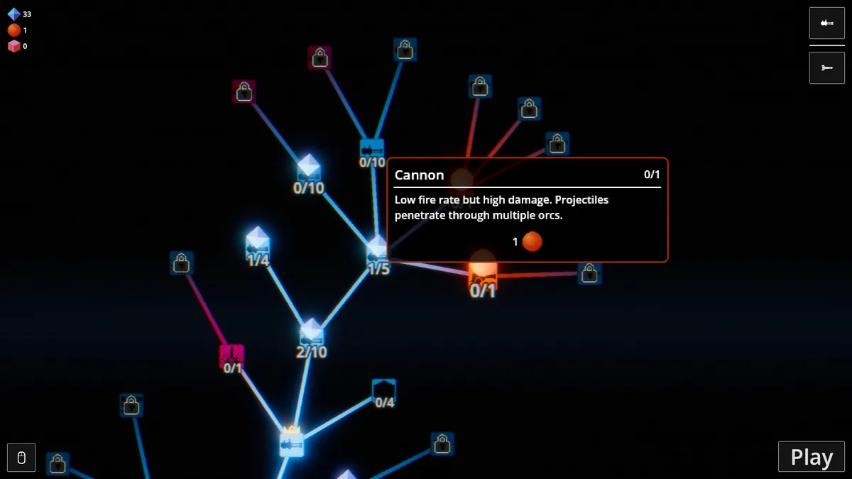 The upgrade tree screen showing a branching node graph of locked and unlocked upgrades, with a tooltip describing the Cannon turret