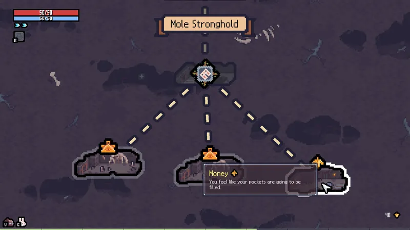 Sephiria route node map showing Mole Stronghold and a Money event choice
